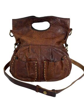 Vintage Lucky Brand Embossed Brown Lamb Leather Slouchy Shoulder Crossbody Bag